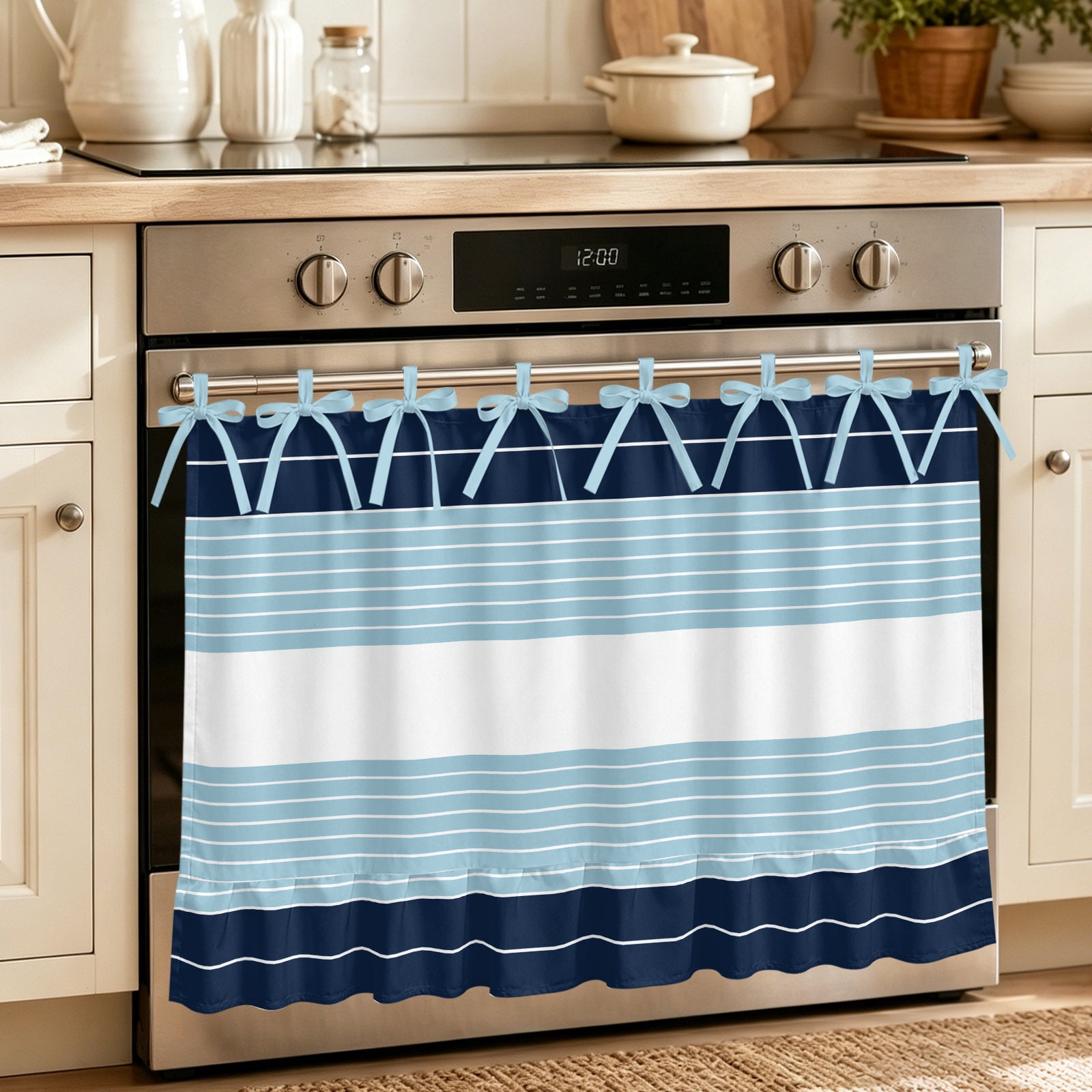 Oven Curtain for Kitchen Ombre Navy Blue Light Blue Linen Stove Curtain With Ruffled Trim Dishwasher Curtains Modern Minimalist Lines Oven Skirt 27 x20
