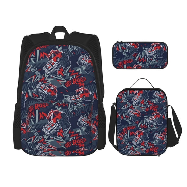 Disketp Cool Red Off-Road Vehicle Mochila Estampada de Gran Capacidad con Lonchera y Estuche, Set de 3 Piezas para Estudiantes