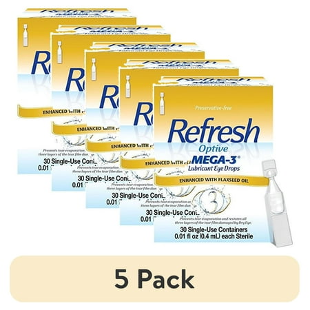 (5 pack) Refresh Optive Mega-3 Lubricant Eye Drops, Preservative-Free, with HydroCell, 30 Vials 0.01 fl oz (0.4 mL) Each