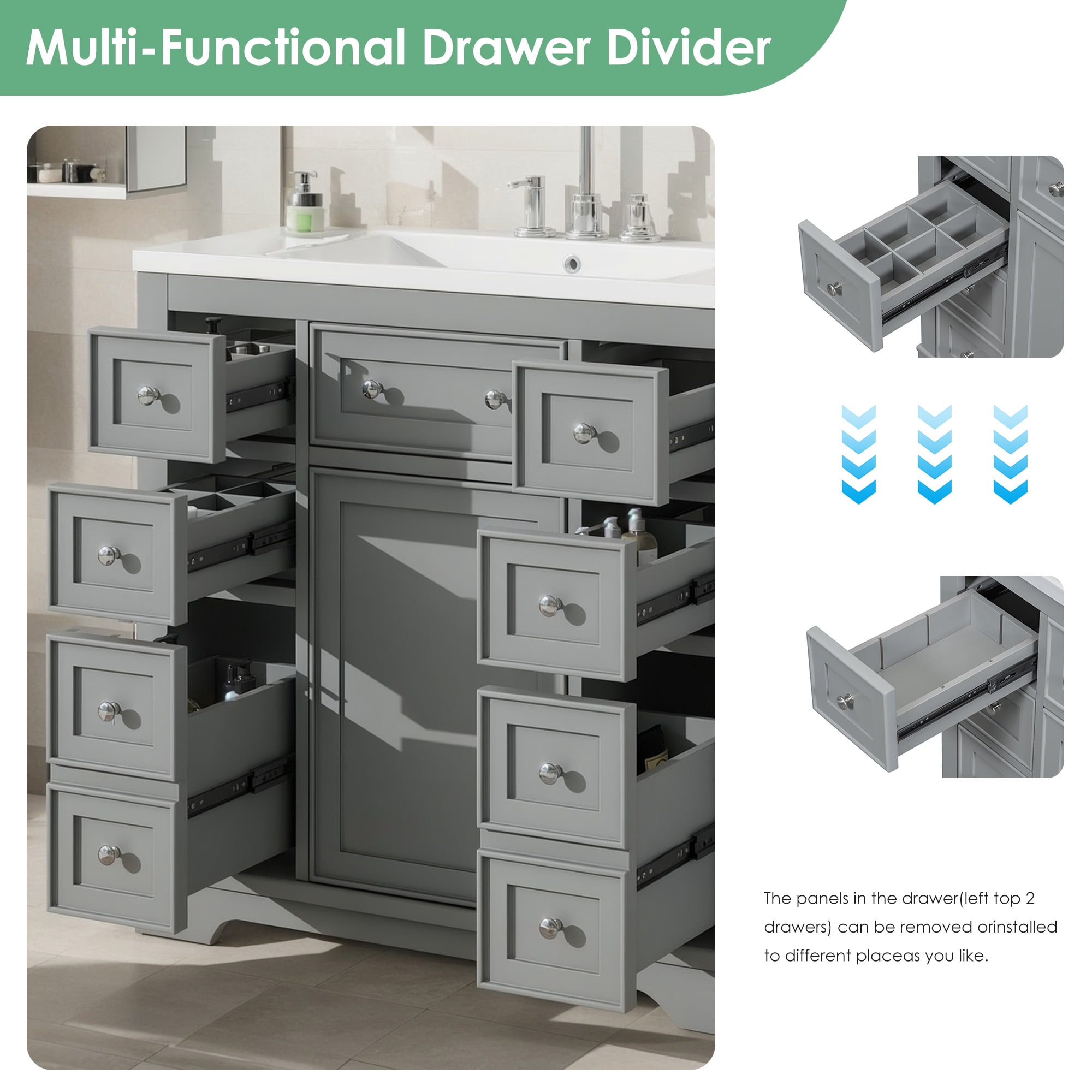 SogesPower 36" Bathroom Vanity with Ceramic Sink, Solid Wood Bathroom Makeup Cabinet with One Cabinet and 6 Drawers, Adjustable Shelf, FreeStanding Single Basin Vanity Set for Bathroom, Grey
