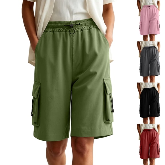 VBVC Women's Adjustable Elastic Waist Cargo Shorts , Summer Hiking Athletic Shorts For Women , Ladies' Knee Length Bermuda Shorts with Multi Pockets,Army Green,S-3XL