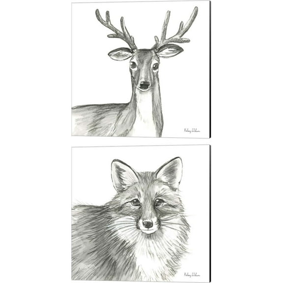 Great Art Now Watercolor Pencil Forest (Deer & Fox) by Kelsey Wilson 2 Piece Canvas Art Set Each 14"W x 14"H