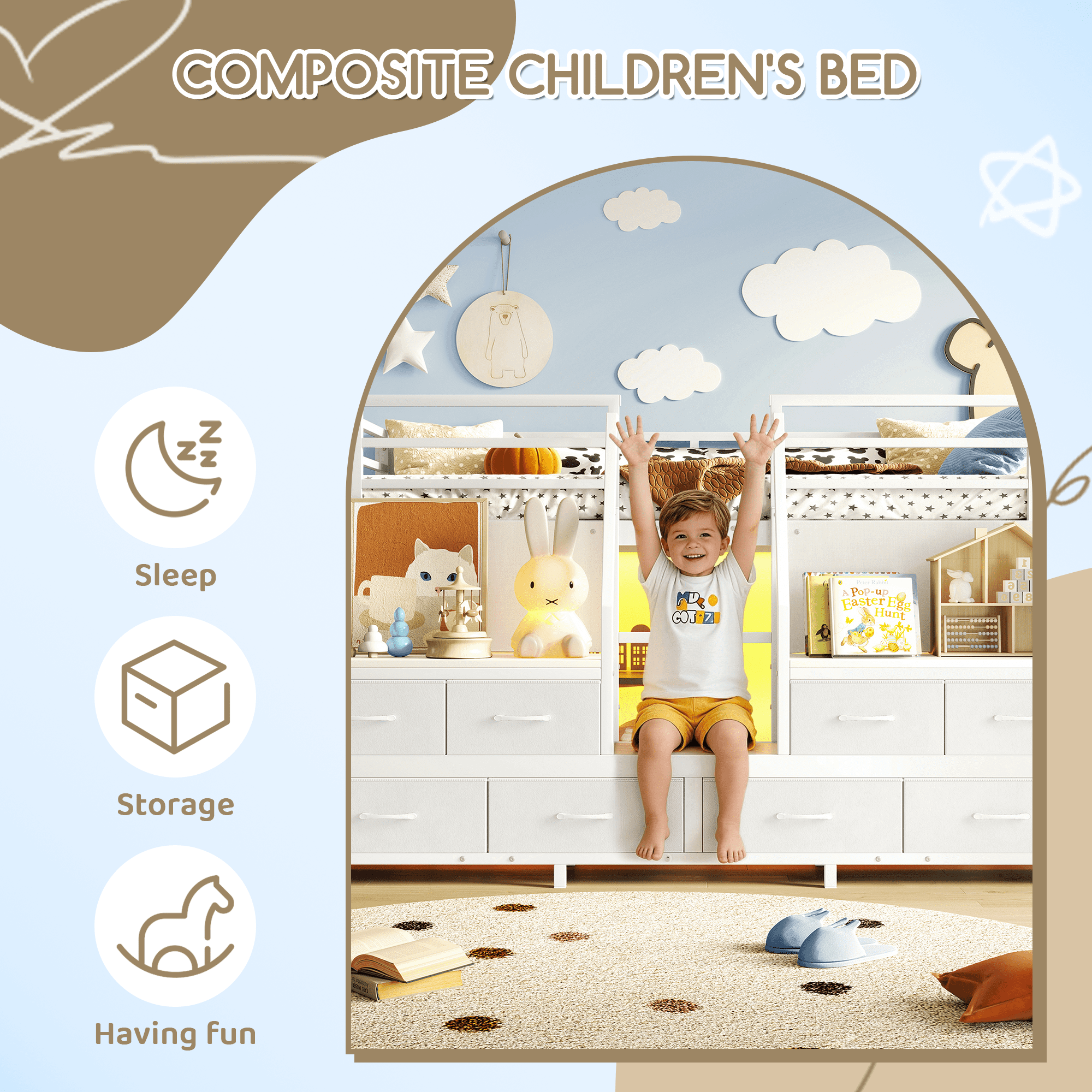 Leumius Twin Size Loft Bed with Multi-storage Spaces,Metal Low Loft Bed with Storage Drawers, Shelves,LED Lights and Independent Spaces Under Bed,No Box Spring Needed,Light White