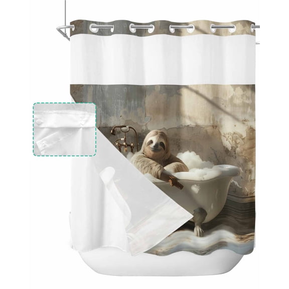 No Hook Shower Curtain with Snap in Liner, Sloth Bathing in The Bathtub Hotel Shower Curtains for Bathroom, Washable Shower Curtain Liner Set with Mesh Top Window, 66"x72"