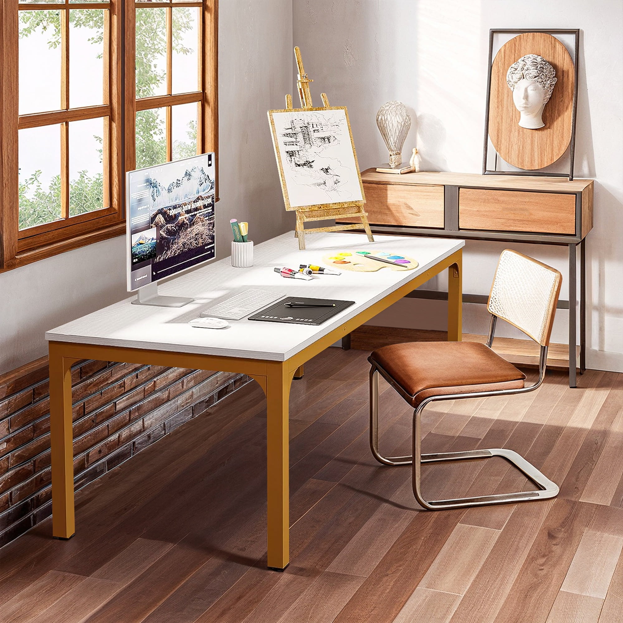 Demi Bonn 78" Farmhouse Dining Table, Wood Rustic Kitchen Table for 8 People, Large Rectangular Dinner Table for Dining Room, Home Office, Living Room Furniture, White & Gold