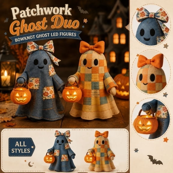 THOPBPRK Halloween Patchwork LED Light Decor, 7.8Inch Cute Bowtie Ghost Ornament for Couples, Battery-Operated Festive Tabletop Lamp for Halloween Home Living Room Decor,1Pack A