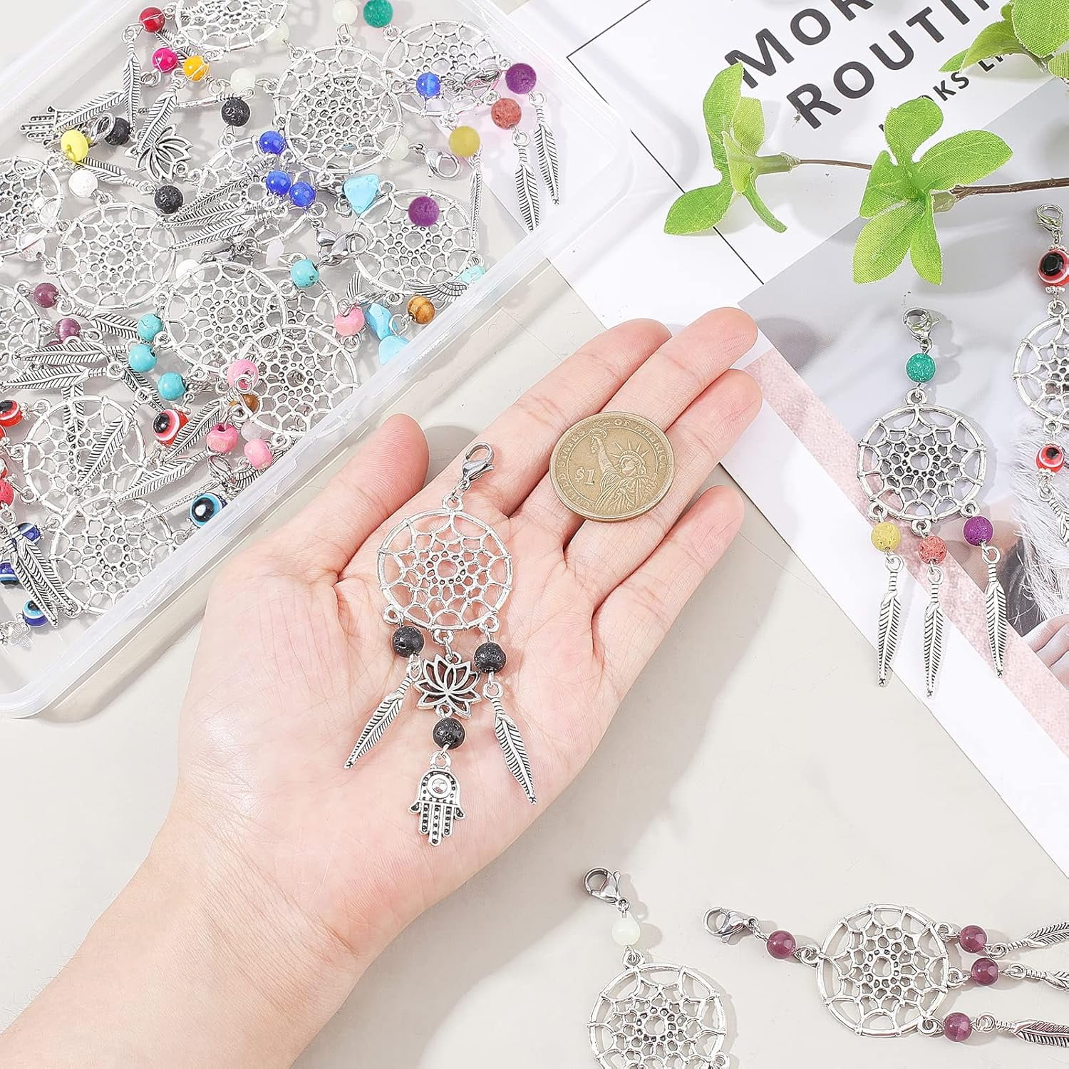 32 Pcs 11 Styles Dreamcatcher Charms Colorful Wood Beads Dream Catcher Pendants with Alloy Findings Lobster Claw Clasps and Feathers for Earrings Necklace and Keyring MakingMixed Color