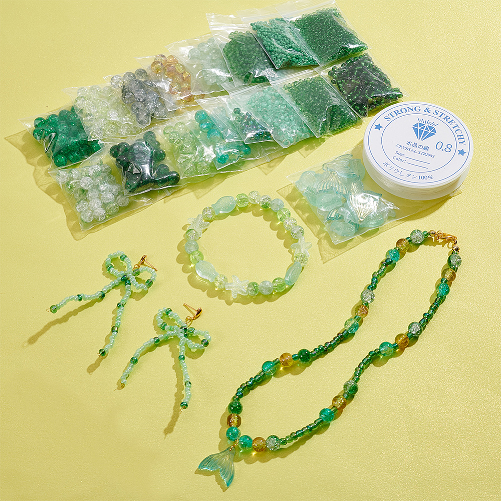 DIY Fish Theme Bracelet Making Kit Including Round Starfish Fishtail Glass Seed Beads Elastic Thread Green diy