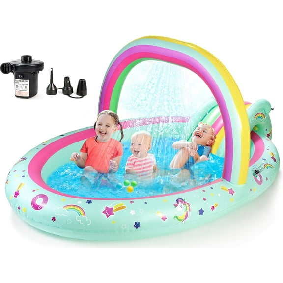 Mermaid Inflatable Amusement Center Children's Swimming Pool with Slide and Sprinkler, Suitable for Children, Baby Swimming Pool, Suitable for Backyards and Gardens, Equipped with Inflatable Pump