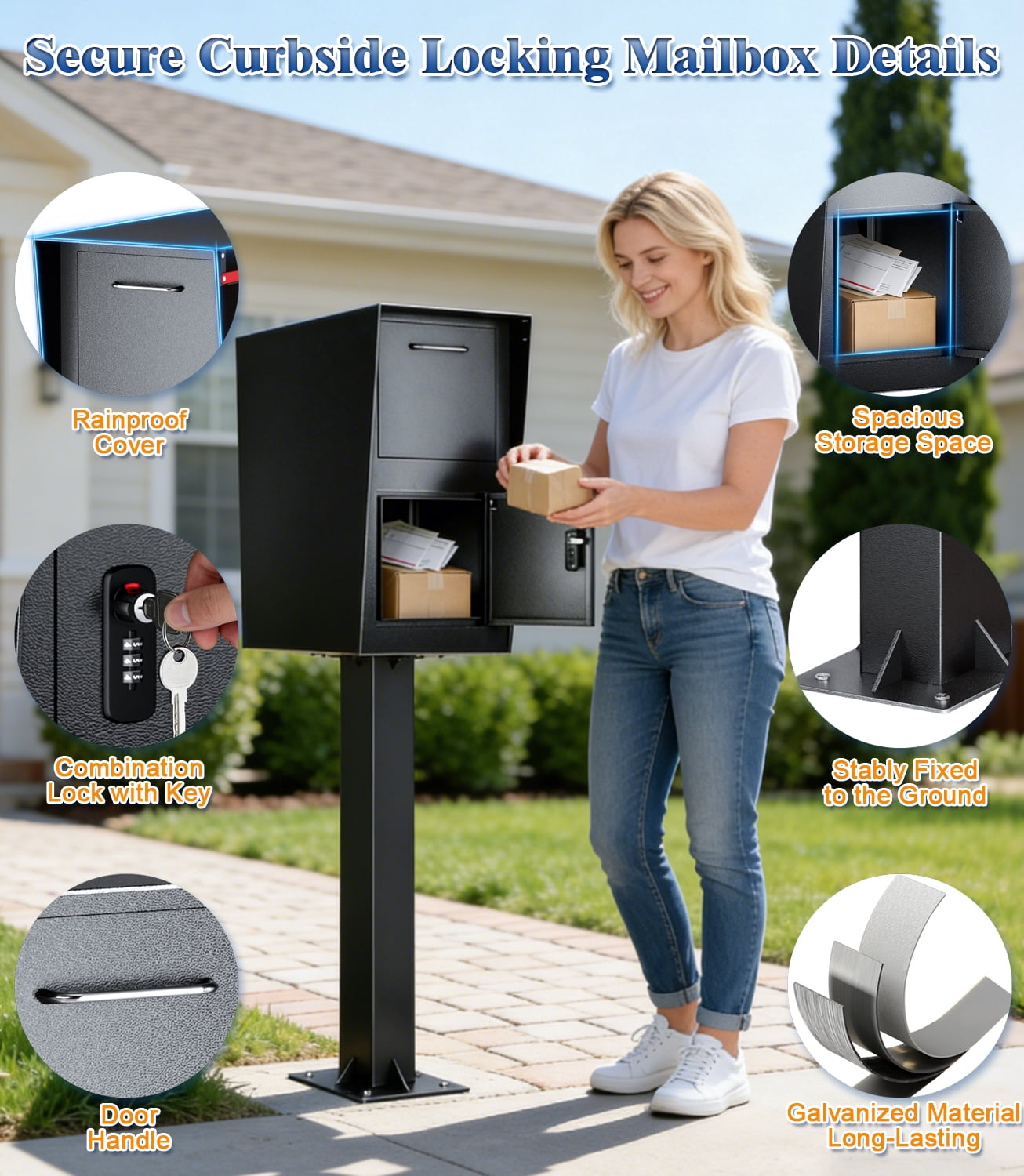 Esheno All in One Locking Mailbox Galvanized Steel with Combo Lock Key Weatherproof for Mail Packages Black