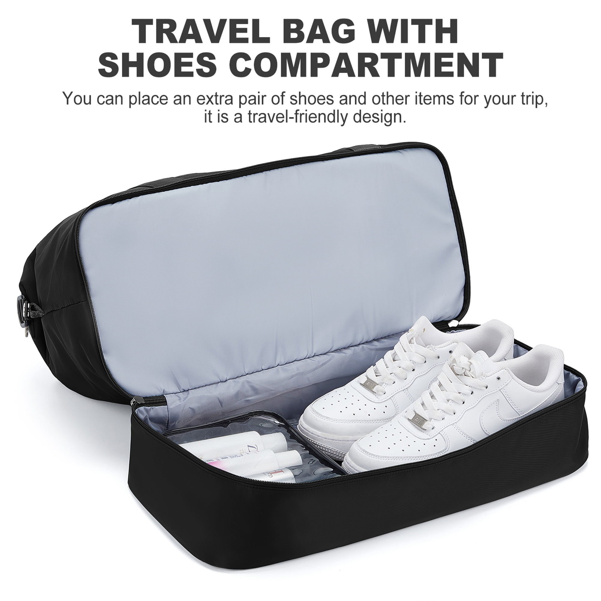 Weekender Bags for Women, Travel Duffel Bags with Shoe Compartment, Personal Item Travel Bag for Airlines, Carry on Overnight Tote Bag for women, Black