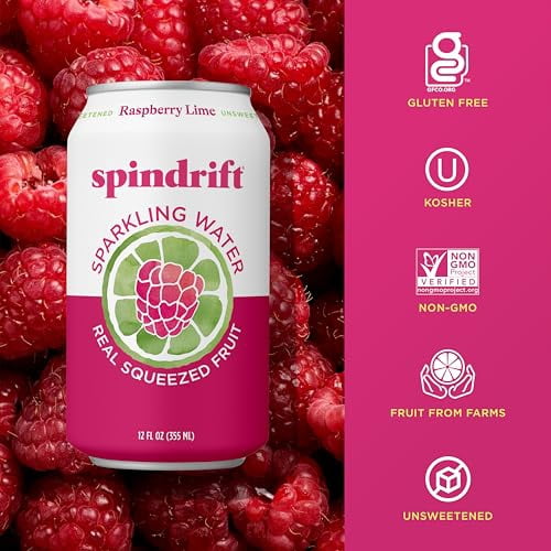 Spindrift Sparkling Water, Raspberry Lime Flavored, Made with Real Squeezed Fruit, Only 9 Calories per Seltzer Water Can, 12 Fl Oz Cans, Pack of 24