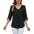 thumbnail image 3 of Lixiuxyad Woman Chiffon Blouses Chiffon Blouse With Mid Length Sleeves V Neck Pleated Ruffle Trim Loose Fit For Women, 3 of 6