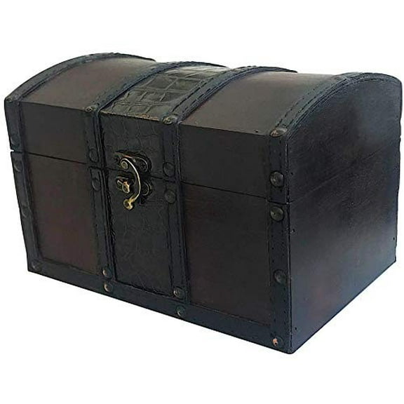Wood and Leather Treasure Chest Box Decorative Storage Chest Box with Lock |