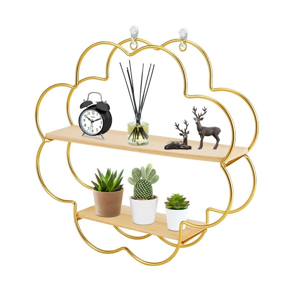 Wall Mounted Floating Shelves, 2 Tier Metal Wood Wall Shelf, Gold Flower Framed Wall Shelves for Living Room, Bathroom, Kitchen, Bedroom, Office Decor