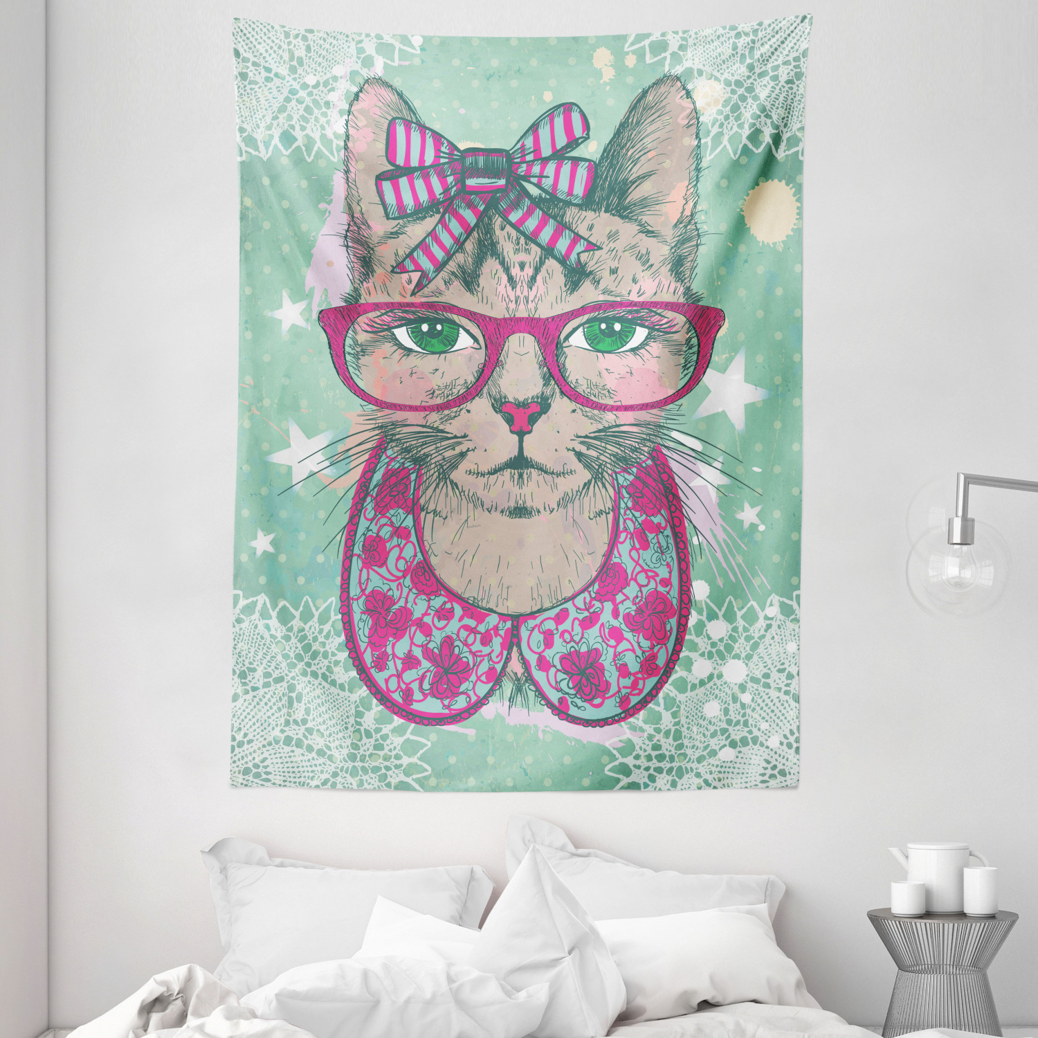 Cat Tapestry, Fashion Cat in Hipster Glasses and Lace Collarette Bow ...