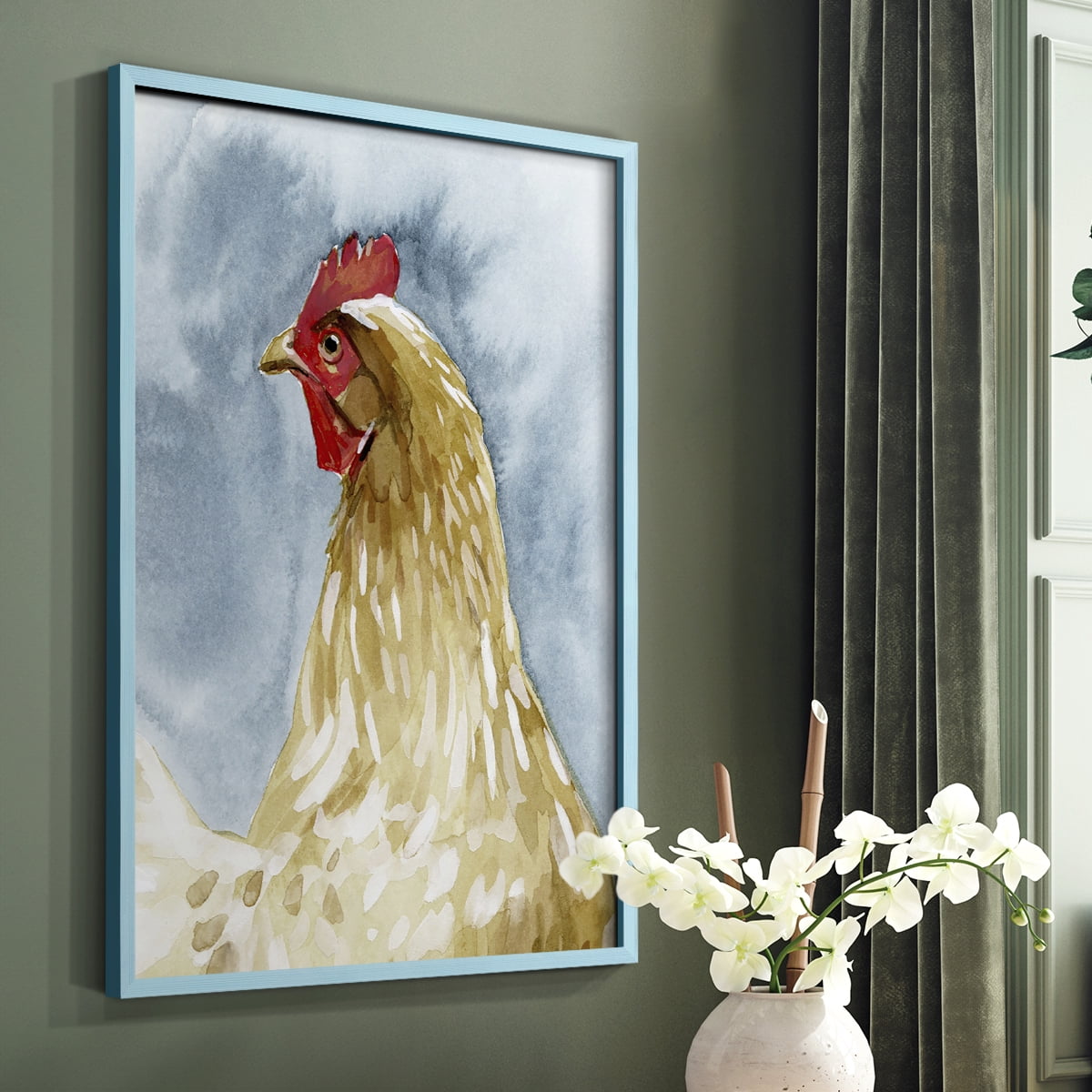 Chicken Portrait I Framed Print in Blue Solid Wood Framed Print No Nail Hanging