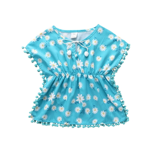 Filles Tout-Petits Coton Lin Robe de Plage Maillot de Bain Cover-up avec Pompon Pompon Gland