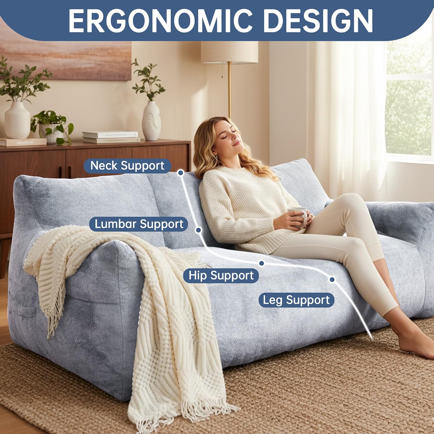 LinkRomat Faux Fur Loveseat, Oversized 2-Seater Sofa with High-Density Foam, for Living Room & Bedroom, No Assembly Required, Light Blue