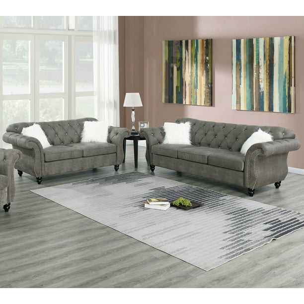 Formal Look Slate Grey Leatherette Rolled Arms Sofa and