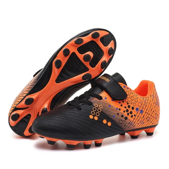 OnyxTrek Unisex-Child Hook-and-Loop Soccer Cleats for AG/TF Turf | Black Orange AG, 11 Little Kid