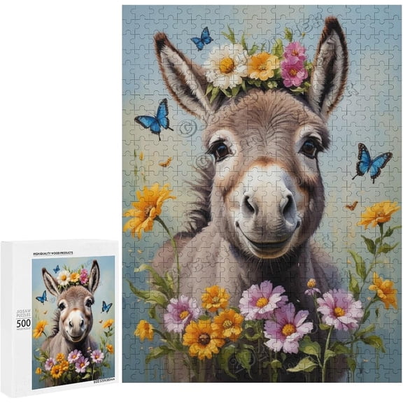 Cute Donkey Puzzle for Adults 500 Piece, Cute Woodland Animal with Flower Jigsaw Puzzle, Animal Puzzles for Adults,Wooden