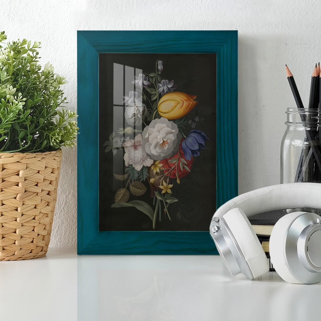 Dramatic Bouquet III -Framed Print w/glass-Ocean Blue