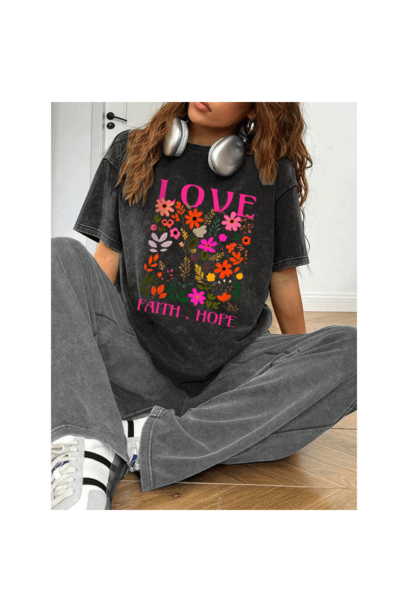 Faith Hope Love Tee Christian T-Shirt Short Sleeve Round Neck Soft Cotton Comfort Fit Black S-2XL Plus Size