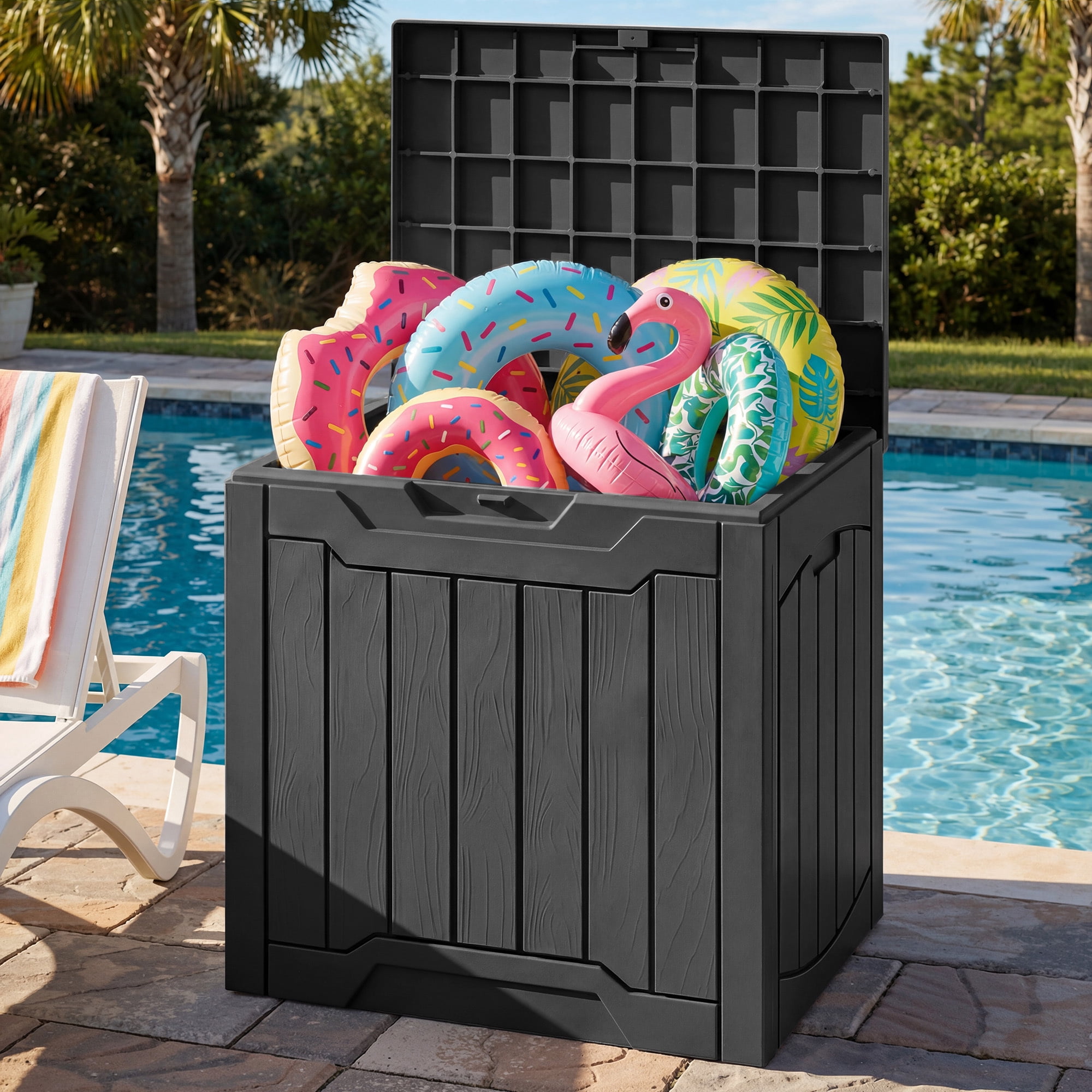 Dextrus 31 Gallon Resin Outdoor Storage Box, Waterproof Lockable Deck Box for Patio, Garden, Pool Supplies and Package Delivery, Outdoor Organizer, Black