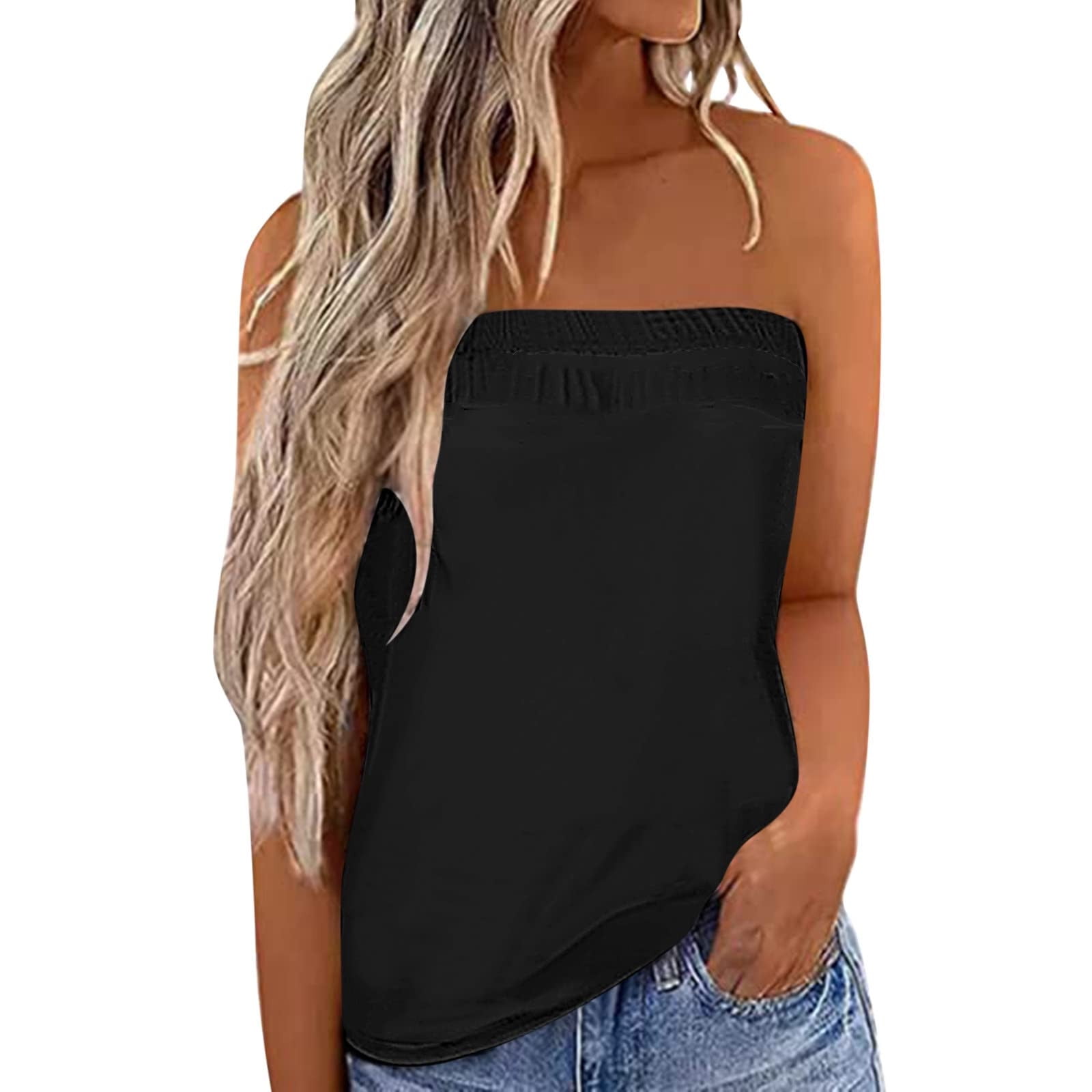 DPTALR Debardeur Bandeau Sans Bretelles pour Femmes Ete Tube Couleur Unie Haut Decontracte hors de l Epaule Blouse de Vacances