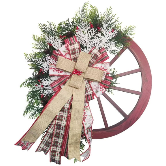 Christmas Winter Indoor Outdoor Front Door Artificial Pine Wagon Wheel Wreath with Bow Ribbon 17.7 inch
