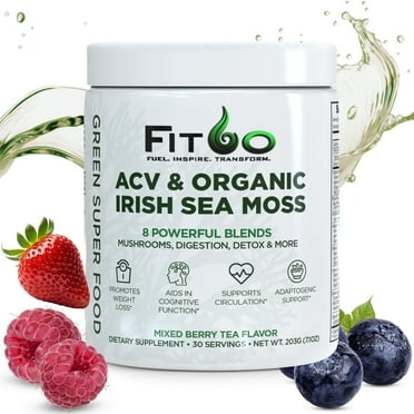 FIT60 Super Greens Powder| Irish Sea Moss for overall health| Mushroom Infused Digestion & Detox Superfood Blend| Natural Mixed Berry Tea Flavor with 30-Day Supply| Made in USA