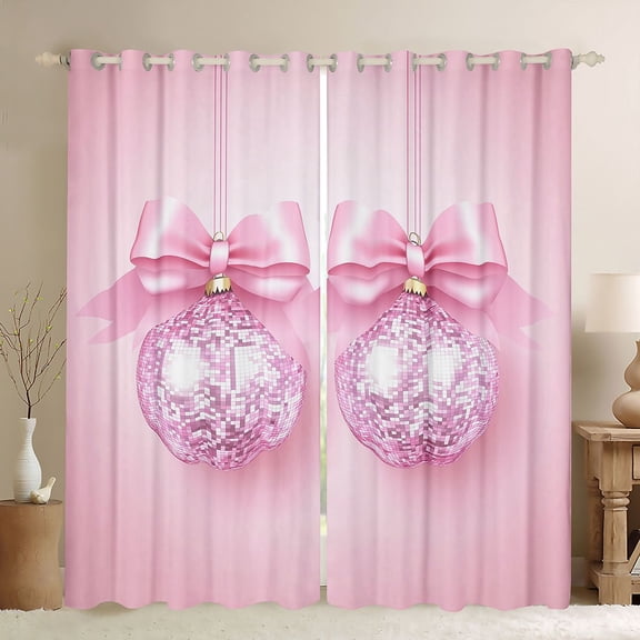 Homewish Glitter Disco Ball Black Out Curtains for Teens, Kawaii Princess Bowknot Curtains Pack of 2 (42x63 Each), Girly Pink Cartoon Bedroom Curtains, Window Curtains Decor