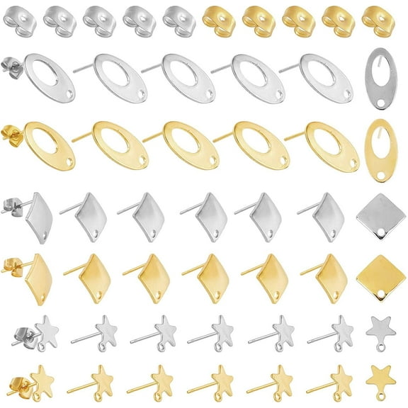 60pcs Earring Posts Golden Silver Ear Pad Base Posts with Holes 3 Style Earring Post 304 Stainless Steel Earring Studs with Ear Nuts