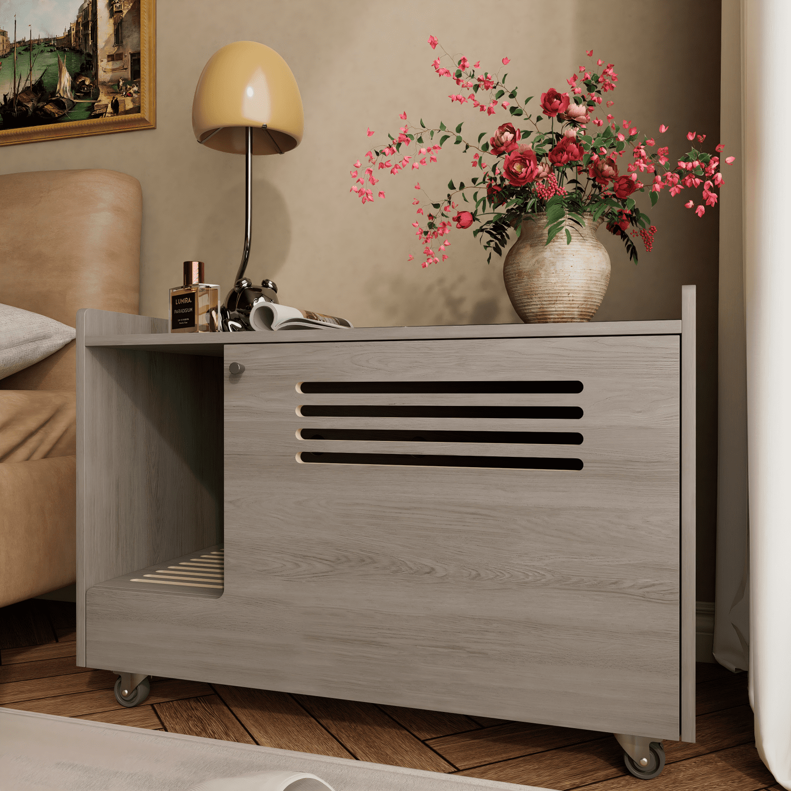 Dog Bed Gray Cat Litter Box Enclosure,Hidden Litter Box Furniture with top side fence,Wooden Pet House Side End Table, Storage Cabinet Bench for Living Room,,Bedroom, Fit Most of Litter Box,Orthopedi