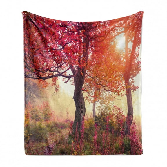 Forest Soft Flannel Fleece Throw Blanket, View in the Foggy Forest with Hazy Fairy Sun Beams and Fall Leaves Picture, Cozy Plush for Indoor and Outdoor Use, 50" x 70", Red Brown, by Ambesonne
