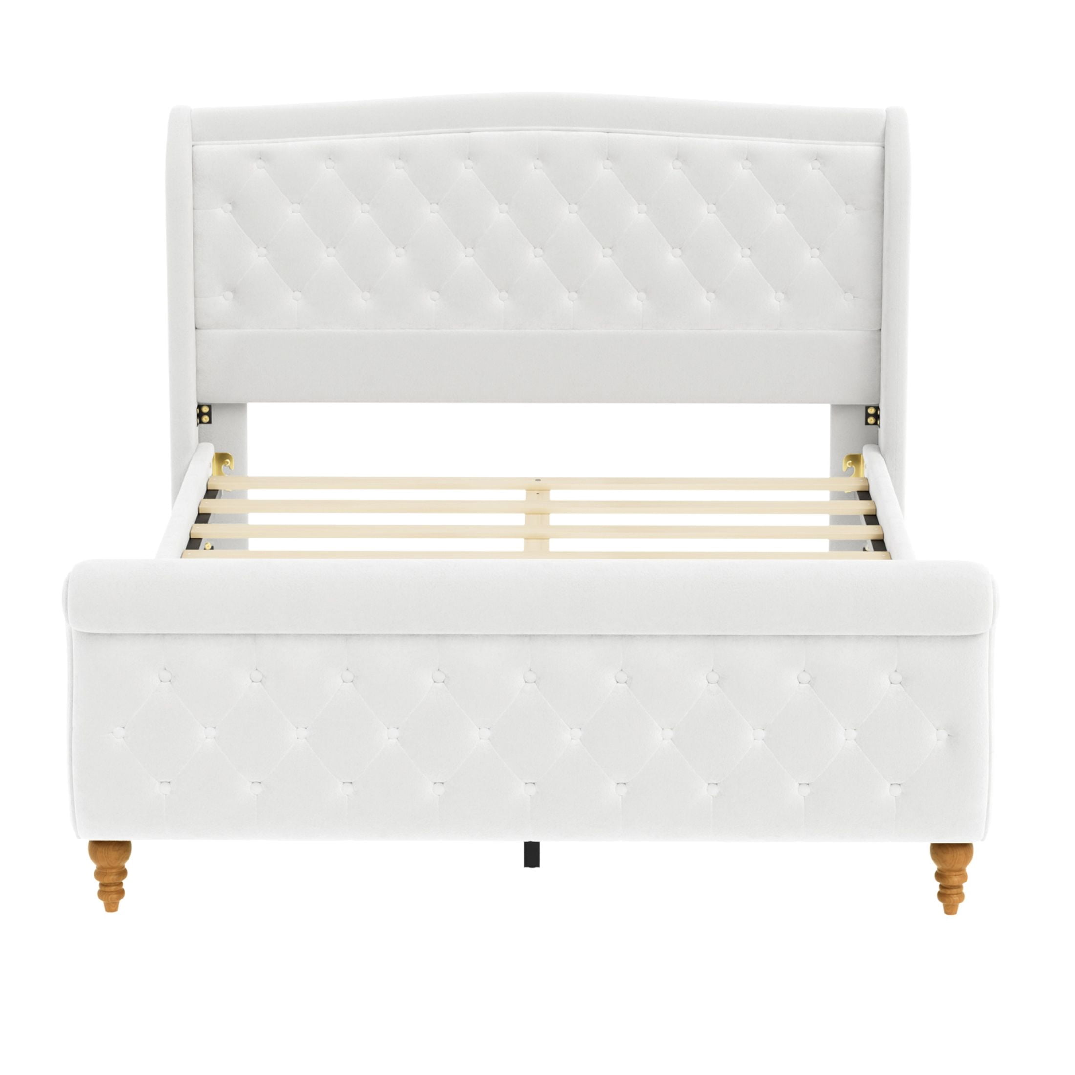 GDF Studio Orlan Queen Size Velvet Upholstered Sleigh Platform Bed Frame with Wood Slat Support, Modern Design, Beige White