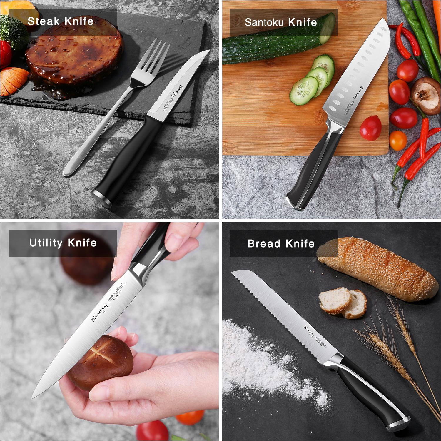 Emojoy KC-KS01 Silver Brown 15 Pieces Knife Set With Wooden Knife