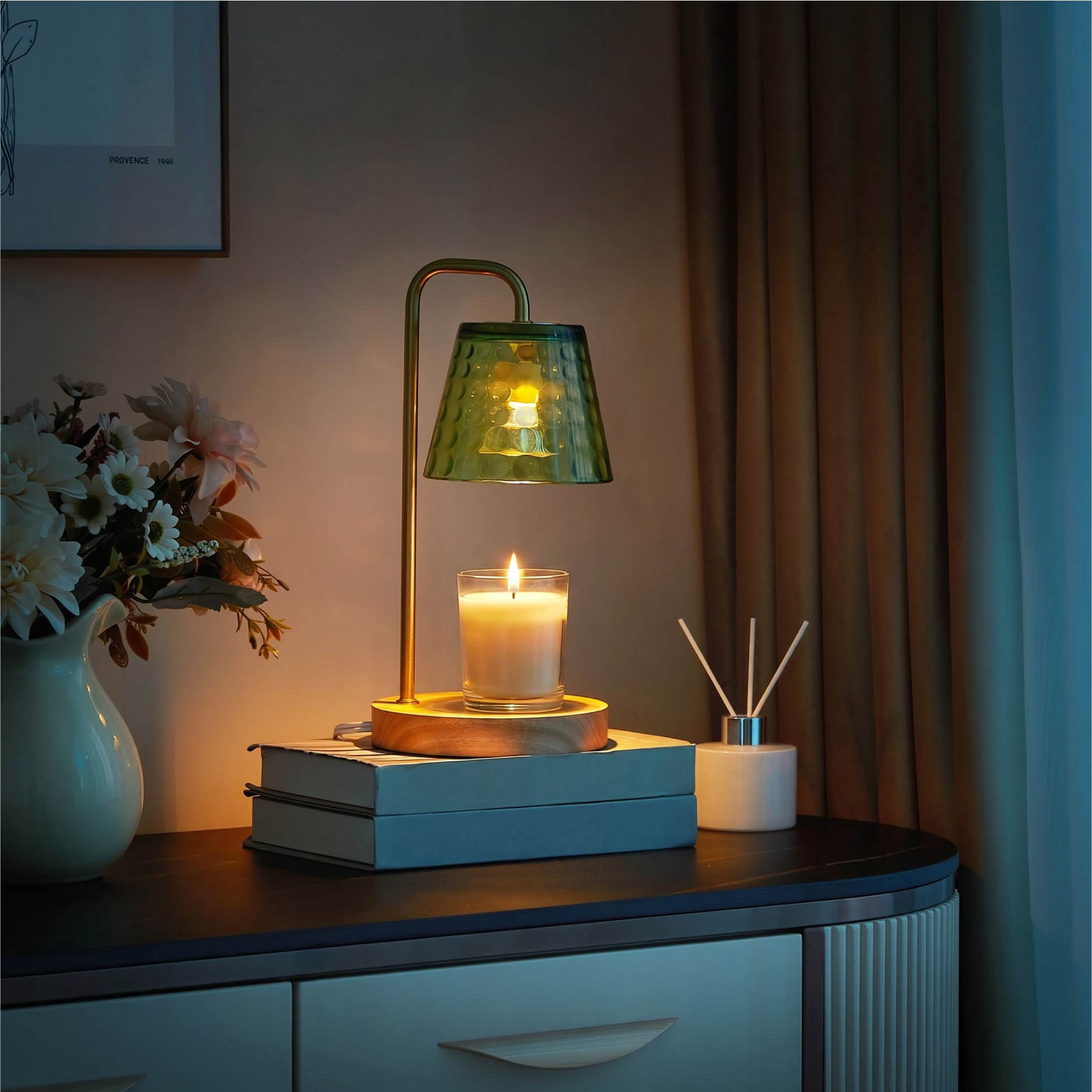 Stylehouse Home Decor Collection Dimpled Green Glass Shaded Candle Warmer Lamp with Dimmer and Timer
