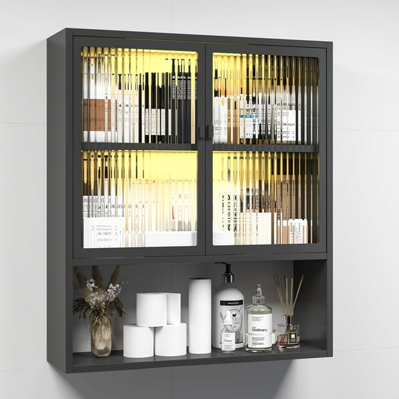 Bathroom Wall Cabinet, Metal Medicine Cabinet with Glass Doors, Wall Mounted Storage Cabinets, Wall Cabinets for Bathroom Storage, Kitchen, Laundry Room (Including 2 LED Lights)