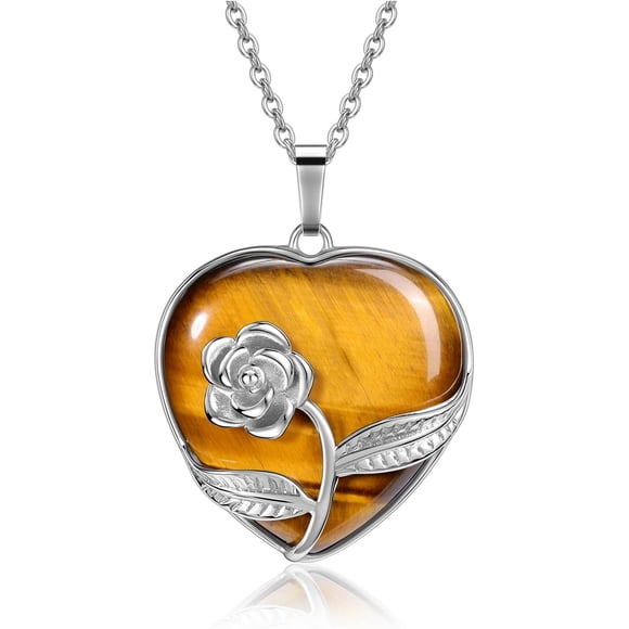 Woeilo Rose Flower Wrapped Crystal Heart Necklace Love Heart Natural Gemstone Healing Stone Pendant Necklaces Natural Spiritual Quartz Jewelry for Women Valentines Birthday Gifts Tiger Eye