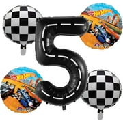 Hot Race Car Wheels Birthday Balloons - Set Of 5 Boys Racecar Party Balloon Decorations For A 5th Happy Birthday Cars Themed Racing Baloon Bouquet Backdrop 5th