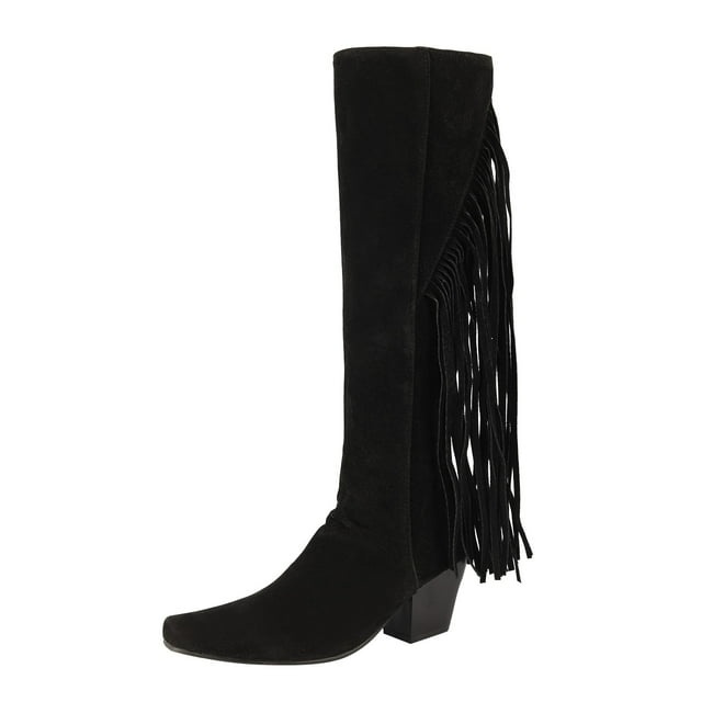 WEAIXIMIUNG Over The Knee Boots Wide Calf Black Ladies Fashion Square Heel Square Toe Solid Color Back Fringe Retro Mid High Boots