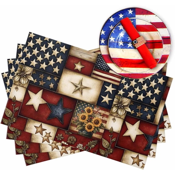Retro American Flag Stars 4th of July Placemats Set of 6 13x19 Inch Farmhouse Sunflower Table Mats Patriotic Memorial Day Independence Day Holiday Kitchen Dining Home Outdoor Party Table Decoration
