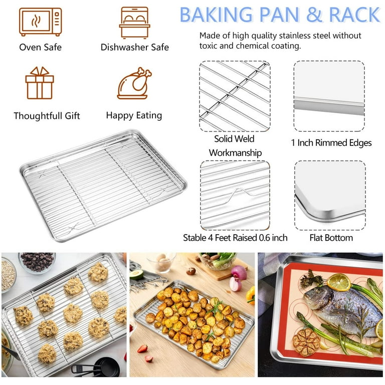 Baking Sheet with Rack Set [2 Pans + 2 Racks], Wildone Stainless Steel  Cookie Sheet Baking Pan Tray with Cooling Rack, Size 9 x 7 x 1 Inch, Non  Toxic