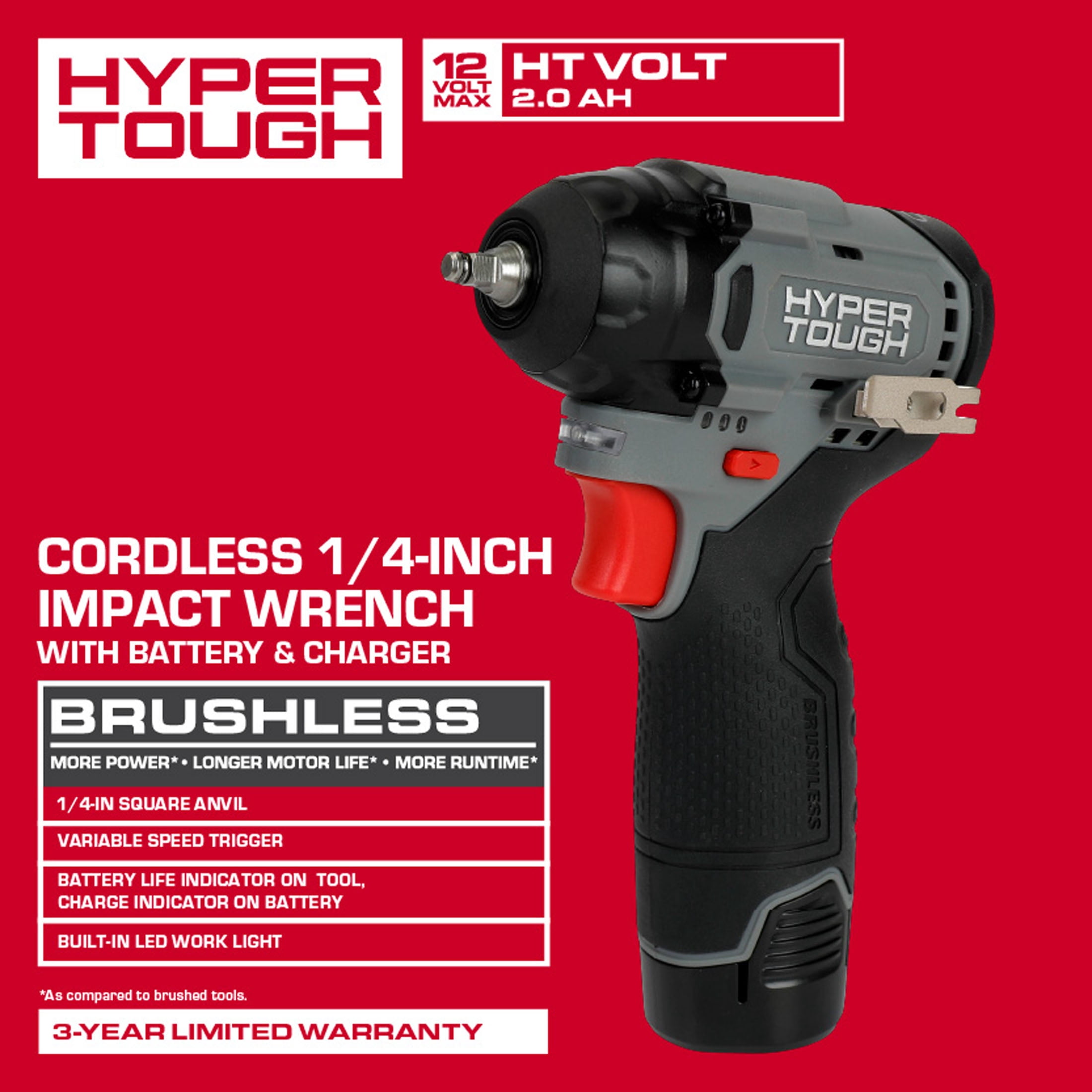 Hyper Tough 12V Brushless 1/4-inch Impact Wrench with 2.0Ah Battery