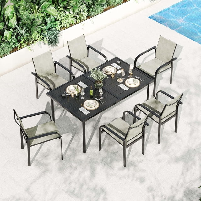 7 Piece Patio Dining Set for 6, Outdoor Metal Dining Furniture Set with Rectangular Slatted Table, 6 Breathable Textilene Chairs, Modern Backyard Deck Porch Poolside