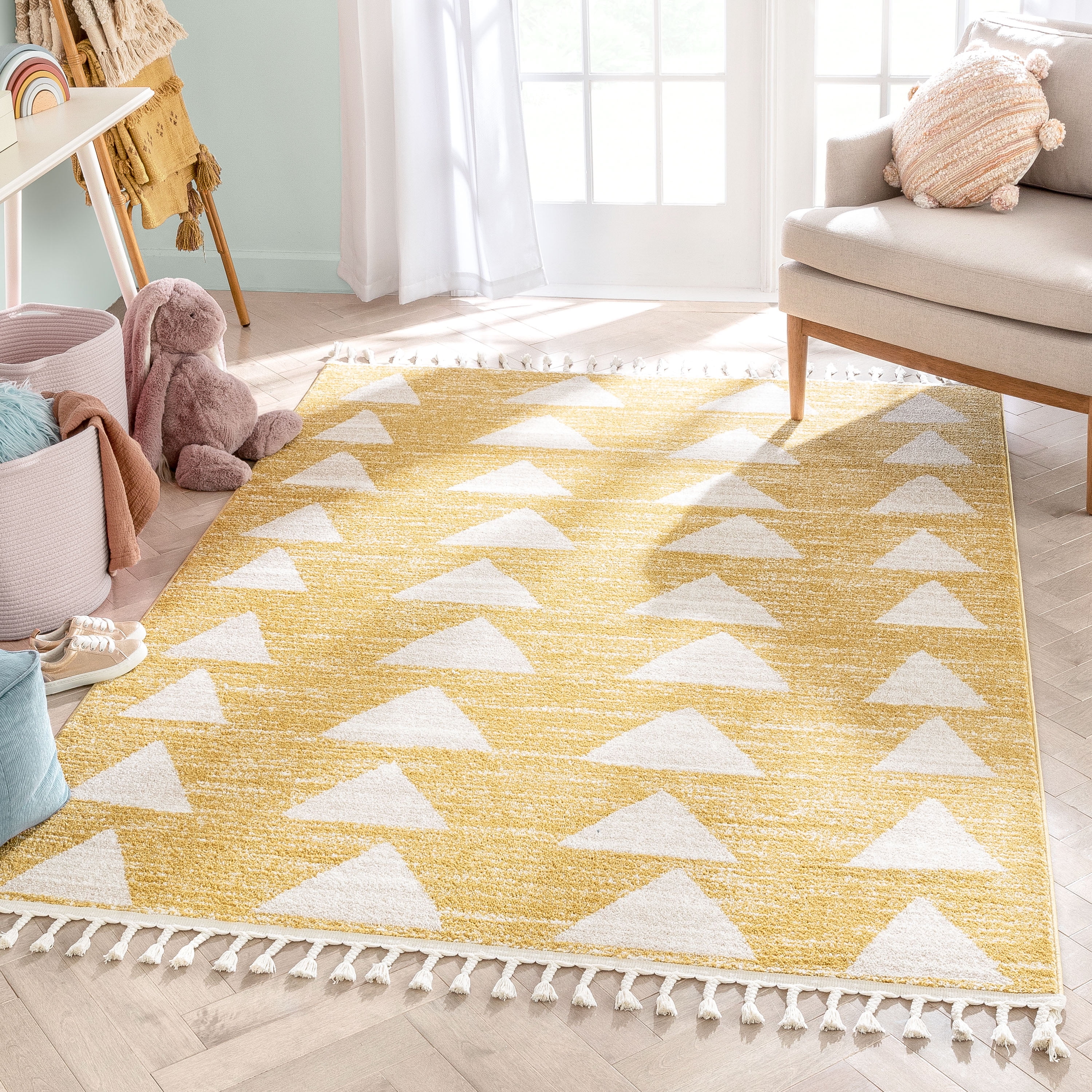 Yellow Ochre Geometric Fall Rug Soft Triangles Mustard Grey Graphite Carpet Rugs 