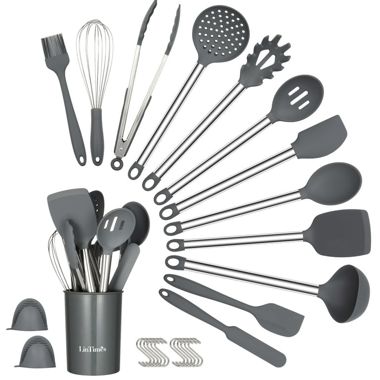 Homikit 14 Pieces Kitchen Cooking Silicone Utensils Set with Holder, Grey  Kitchen Utensil Sets for Nonstick Cookware, Stainless Steel Handle Kitchen