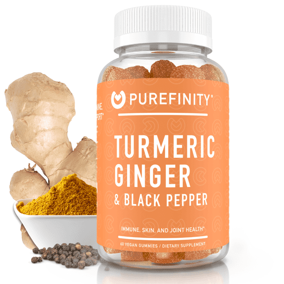 PUREFINITY Turmeric Gummies with Ginger & Black Pepper, Supports Joint Health, Turmeric Chews, Curcumin Gummies, Gluten Free, Non-GMO, 60ct